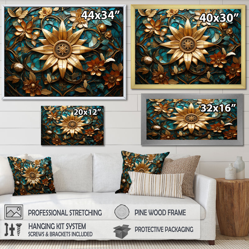 Fleurs 3D rétro or et bleu sarcelle - Botanicals abstraits, art mural, H 30 po x l 40 po, Toile tendue