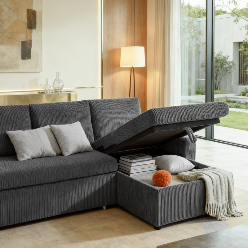 L-shape 81" Wide Space-Saving Sleeper Sofa Upholstered Pull-out Sofa Bed, Gray Velvet