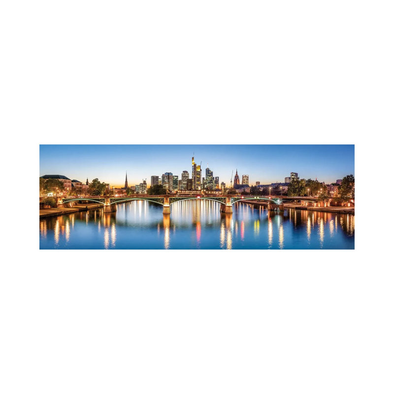 Frankfurt Central Business District and Ignatz-Bubis-Brücke (Ignatz Bubis Bridge) at Night, Hesse, Germany 1 Piece Wrapped Canvas Panoramic Wall Art