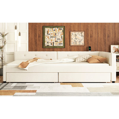 Lit double tapissier pleine grandeur beige avec rangement - sans sommier, confort de chambre à coucher et 2 tiroirs, structure solide, esthétique
