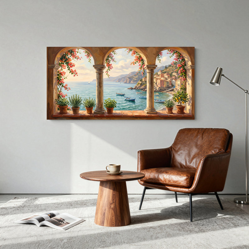 Ensemble de 1 tableau sur toile représentant une vue côtière, L 40 po x H 20 po, Toile tendue