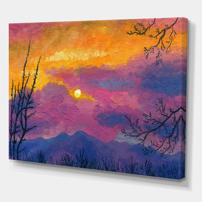 Coucher de soleil sur les montagnes - reproduction d'art sur toile, H 24 po x l 32 po x P 1 po, Toile tendue