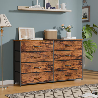 Commode de rangement en tissu à 8 tiroirs de large, meuble télé de 55 po et centre de divertissement avec plateau en bois, unité de rangement pour le couloir du salon de la chambre à coucher