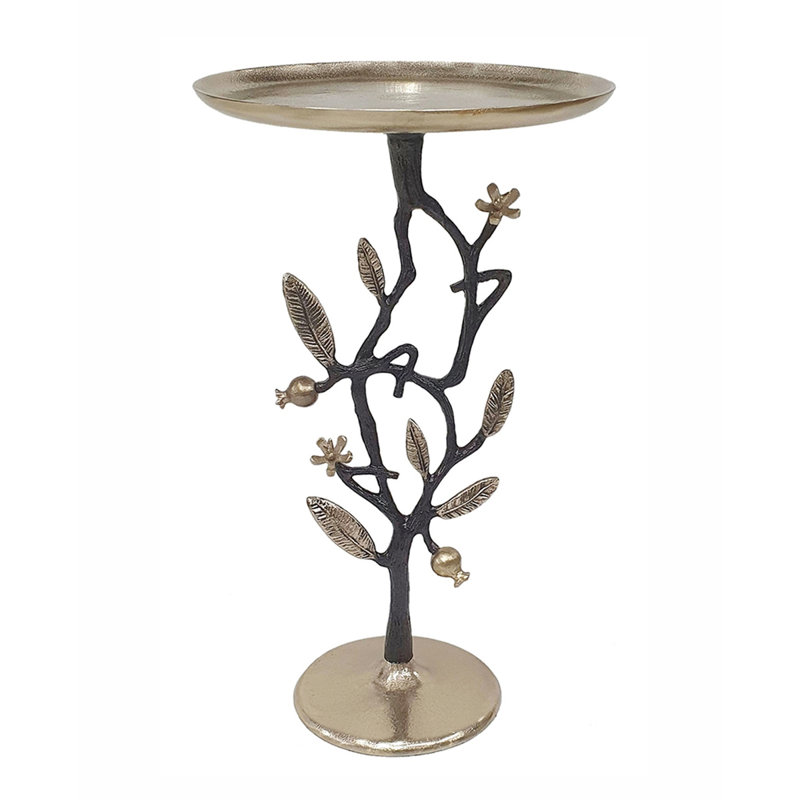 Élégante table d'appoint en aluminium noire et dorée de 24 pouces avec une structure en forme de branche et un design délicat de grenade