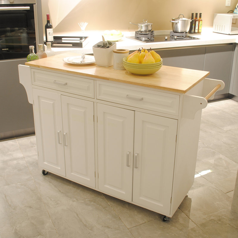 Îlot de cuisine avec plateau en bois d'hévéa et rangement de tiroir - Chariot roulant pratique à porter