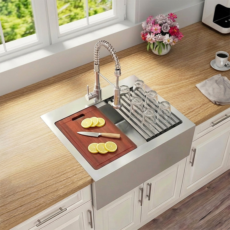  28" L x 22" W Workstation Farmhouse Apron Front Kitchen Sink 16 Gauge Stainless Steel Single Bowl With Accessories