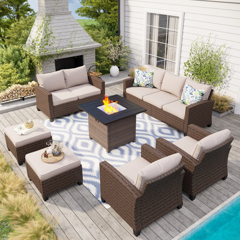 Ensemble de conversation avec canapé en rotin 7 pièces avec coussins Salem, Beige