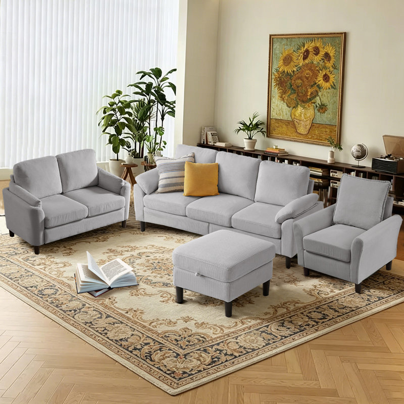 Ensemble de canapés en velours côtelé 4 pièces, canapé modulaire en L avec repose-pieds, causeuse et fauteuil simple