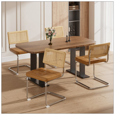 Ensemble de 4 chaises de salle à manger en rotin naturel, chaises de salle à manger modernes avec dossier en bois massif pour le salon de la cuisine, inspiré du design Mid-Century Breuer, similicuir rembourré