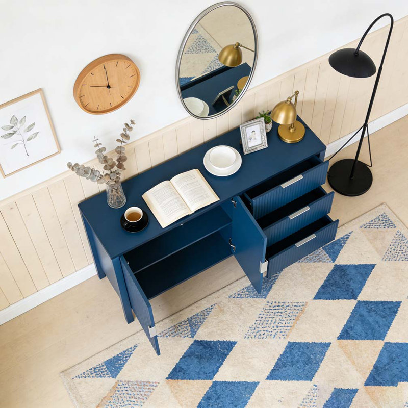 Modern Wave-Pattern Sideboard with 3 Drawers, Navy Blue
