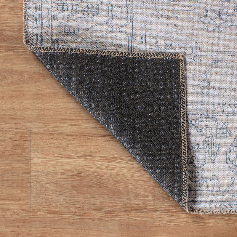 Griffey Oriental Machine Washable Blue/Ivory Non-Slip Backing Area Rug, Square 6'7"