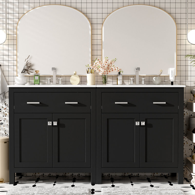 60" Black Bathroom Vanity With Double Ceramic Sinks, Adjustable Shelf, Quiet Closing Doors, Flip Drawer - Peaceful Furniture, Quietly Tranquil Nook
