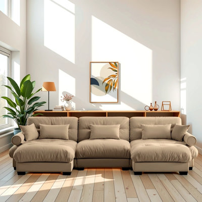 Canapé modulaire en U en forme de U avec repose-pieds mobile, canapé d'angle rembourré en velours moderne convertible et confortable avec accoudoirs cloutés, coussin de taille et coussins décoratifs