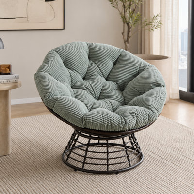 Chaise ronde à soucoupe pivotante avec coussin moelleux, chaise Papasan à structure en acier pour l'extérieur et la chambre à coucher
