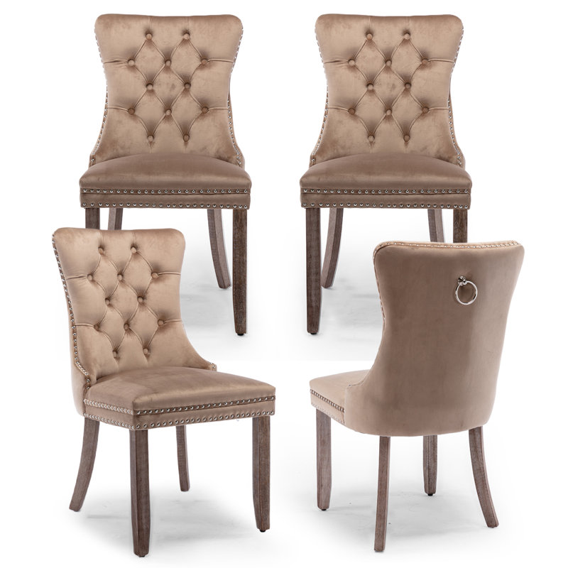 Velvet Fabric Upholstered Dining Chairs Set of 4,Khaki, Light Brown, Khaki