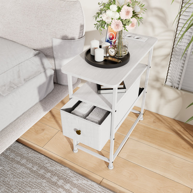 4 Legs Side Table with Built-In Outlets, White