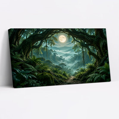 Mossy Tree Arch Over Misty Forest Path Under Full Moon Canvas Wall Art