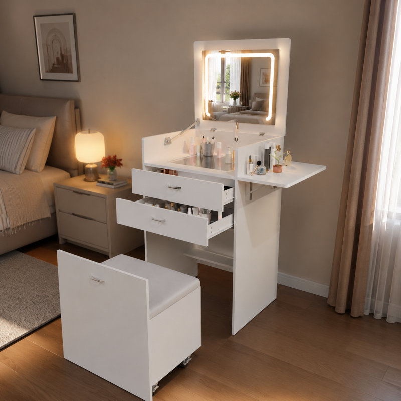 Meuble-lavabo blanc avec tabouret et miroir à DEL avec comptoir 3 en 1 avec éclairage à intensité variable 3 couleurs, 3 tiroirs, tabouret à roulettes dissimulé et prise intégrée