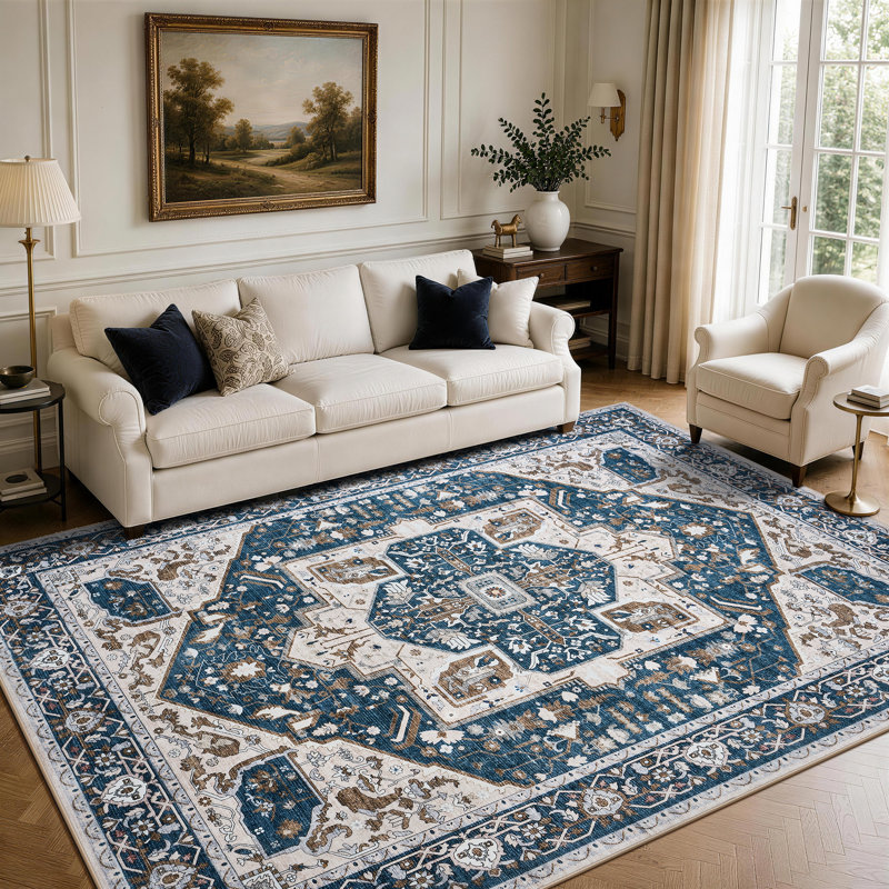 Tapis lavable rétro à motif médaillon d'inspiration persane, Rectangle 8' x 10'