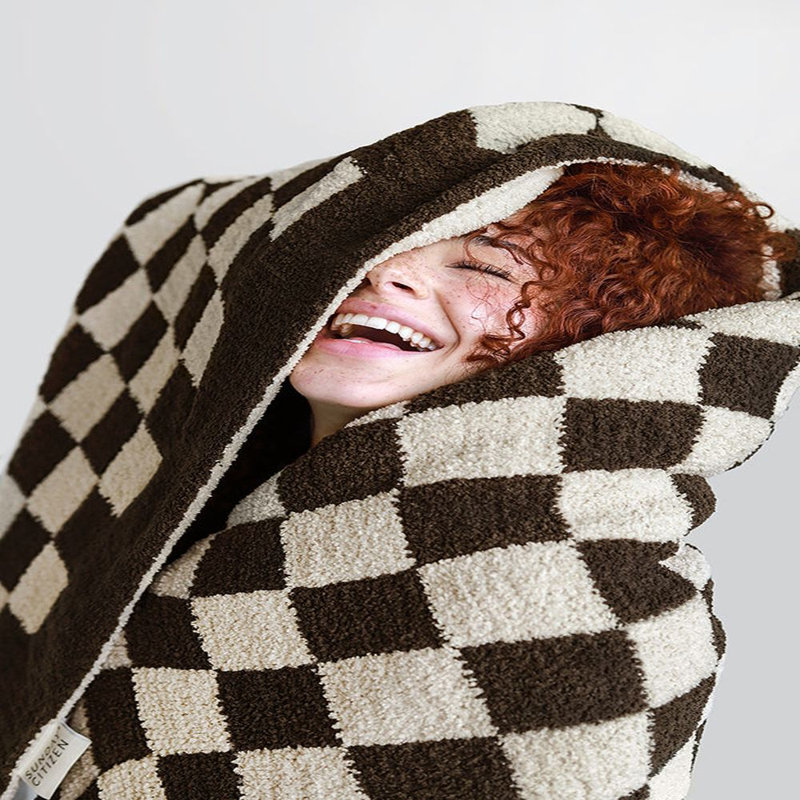 Checkerboard Checkered Knitted Throw Blanket, Mocha/Sahara Tan Checkered