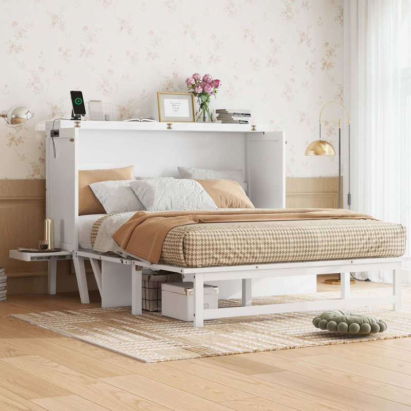 Benoit Murphy Bed with USB Port and Removable Shelves on Each Side, White, Queen