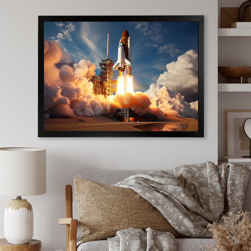 Lancement de la Navette spatiale Rayva II sur toile, Cadre simple noir, H 24 po x l 32 po x P 1 po