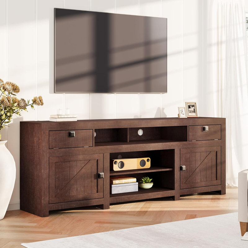 Farmhouse TV Stand for 75/80 Inch TVs, Long Entertainment Center with 4 Storage Drawers & 3 Open Shelf, Red Wood