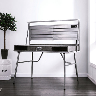 Silver Industrial Computer Desk With Port, One Drawer, Two Shelves And Tapered Metal Legs, 48.6 In Deep, 28 Wide, 50 High For Office Setup Style Shelves, Port Product Depth, Width, Height Space