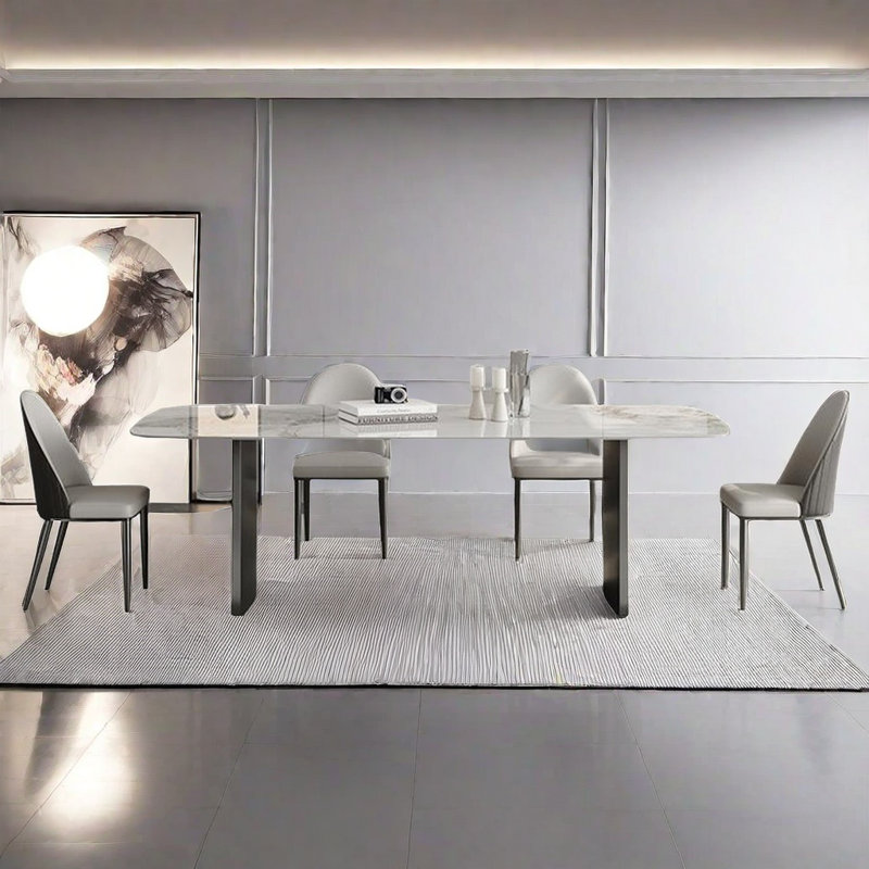 Italian Rock Slab Dining Table and Chair Set, 29.52"H x 86.61"L x 43.3"W