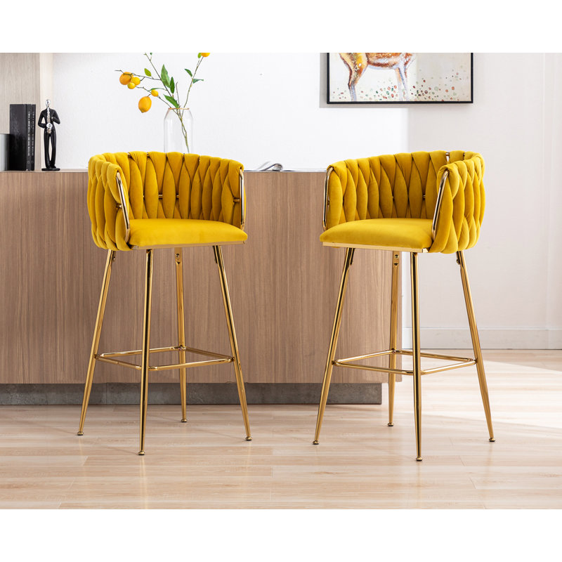 Fiaz Swivel Upholstered Bar Stools Velvet Counter Stools with Metal Frame (Set of 2), Yellow, Bar Stool (28.5" Seat Height)