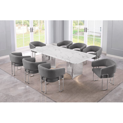 Grand White Marble Dining Set With Teddy Fabric Side Chairs