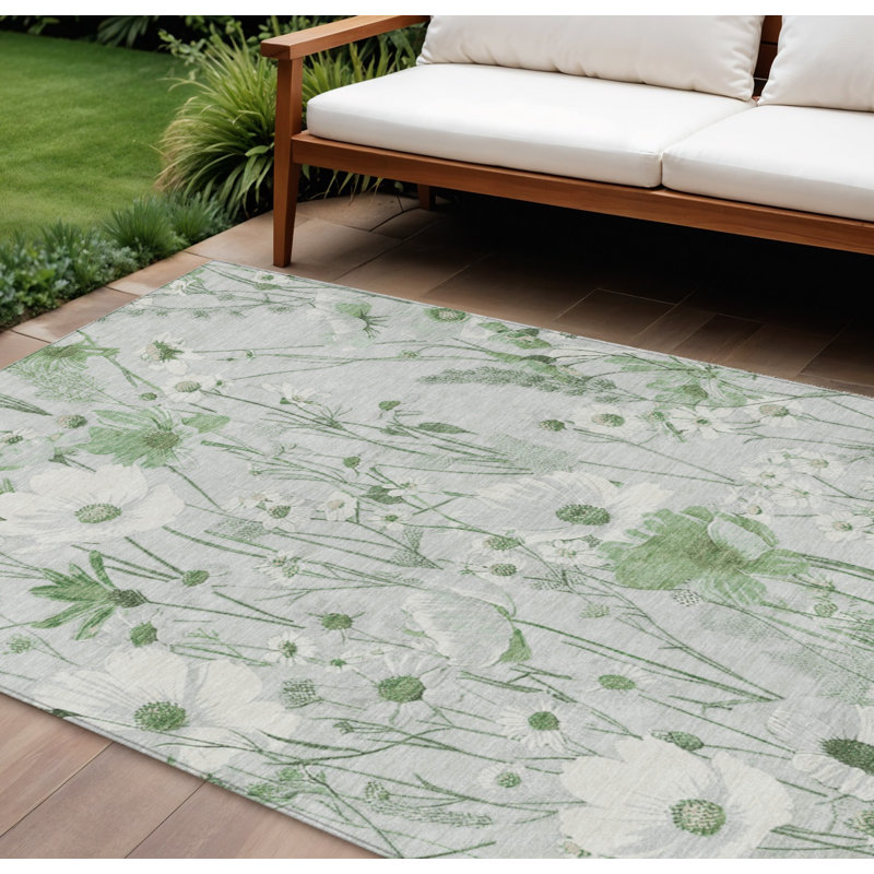 Tapis extérieur lavable floral vert menthe et ivoire 8 pi x 10 pi