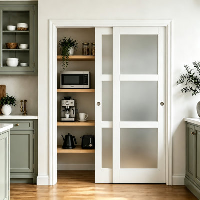 Porte coulissante avec cadre et porte coulissante en verre givré blanc pour l'intérieur, garde-manger et buanderie