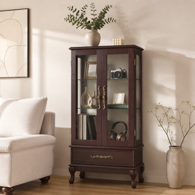 Curio Cabinet Lighted Glass Cabinet Glass Wine Cabinet Curio Display Cabinet with Adjustable Glass Shelves 2 Doors and 1 drawer Cabinet Sideboard With Bulb Included