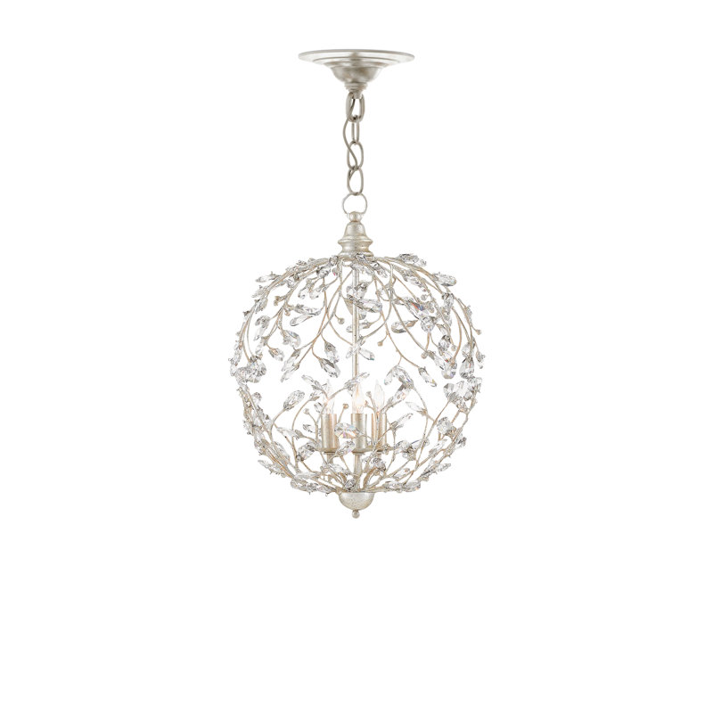 Crystal Bud 3 - Light Wrought Iron Dimmable Globe Chandelier, Silver Granello
