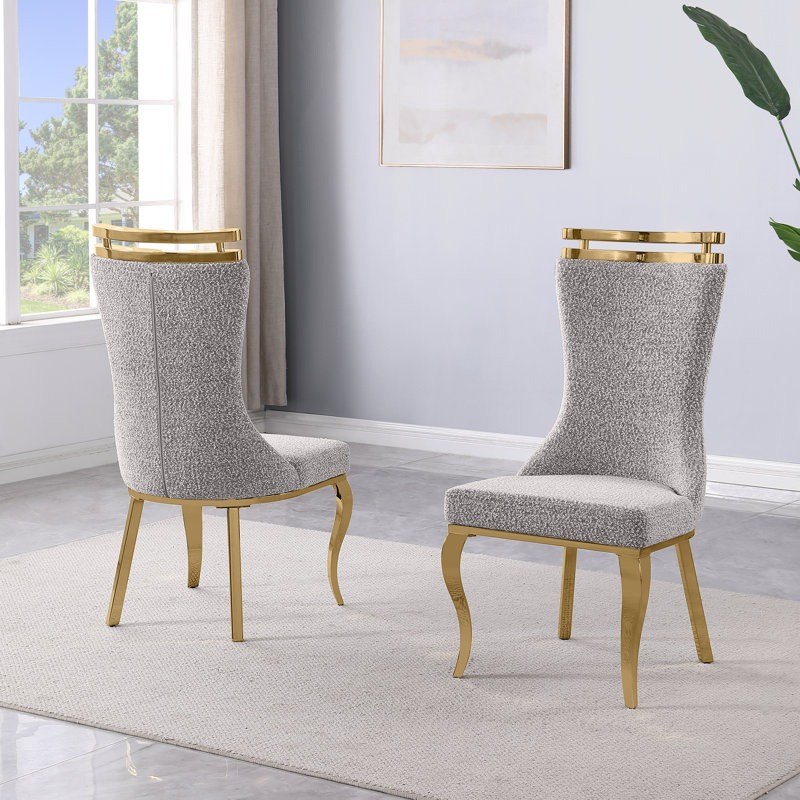 Boucle Dining Chairs With Polished Chrome Frame, Rich Gray, Gold