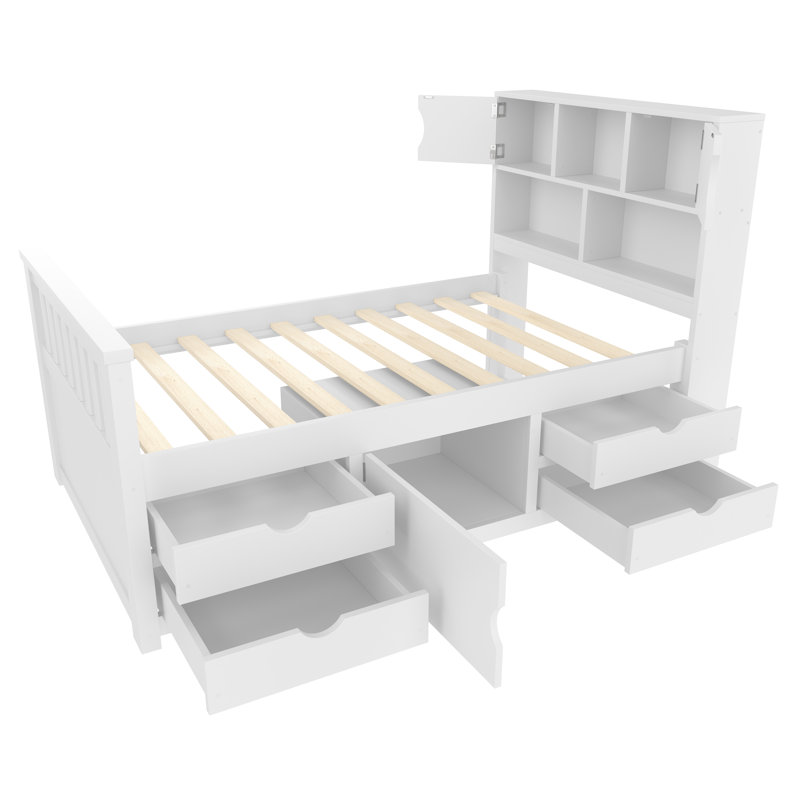 Lit plateforme simple avec tiroirs et bibliothèque, Lit simple, Blanc
