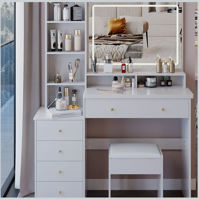 Meuble-lavabo de 41 po avec tabouret de chevet de grande taille et tabouret rembourré de 41 po, très grand miroir à DEL à commande tactile, interrupteur à 3 couleurs, commode à plusieurs étages avec rangement haute capacité, convient aux grands espaces