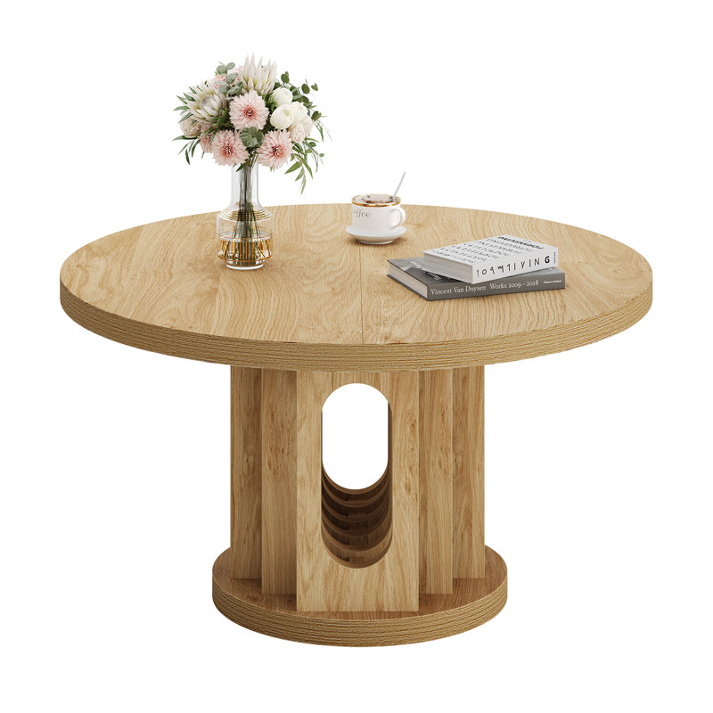 31.5" Round Coffee Table, Small Wooden Circle Center Table Hole Panel Splice Design Coffee Tables For Living Room, Thickened Edge Mdf Board, Natural Oak