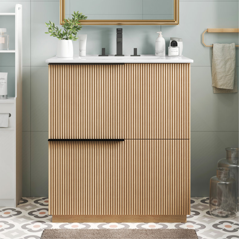 Meuble-lavabo de 30 po avec lavabo en céramique et tiroirs pleine extension, glissières de tiroir à fermeture en douceur, conception cannelée, naturel