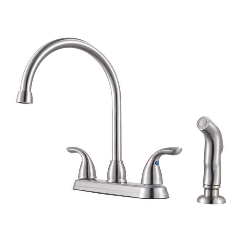 Robinet de cuisine à 2 poignées avec douchette latérale en acier inoxydable Pfirst Series, Acier inoxydable