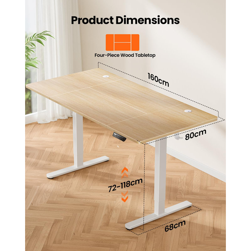 Height Adjustable Rectangular Standing Desk, Beige/White, 118cm H x 160cm W x 80cm D