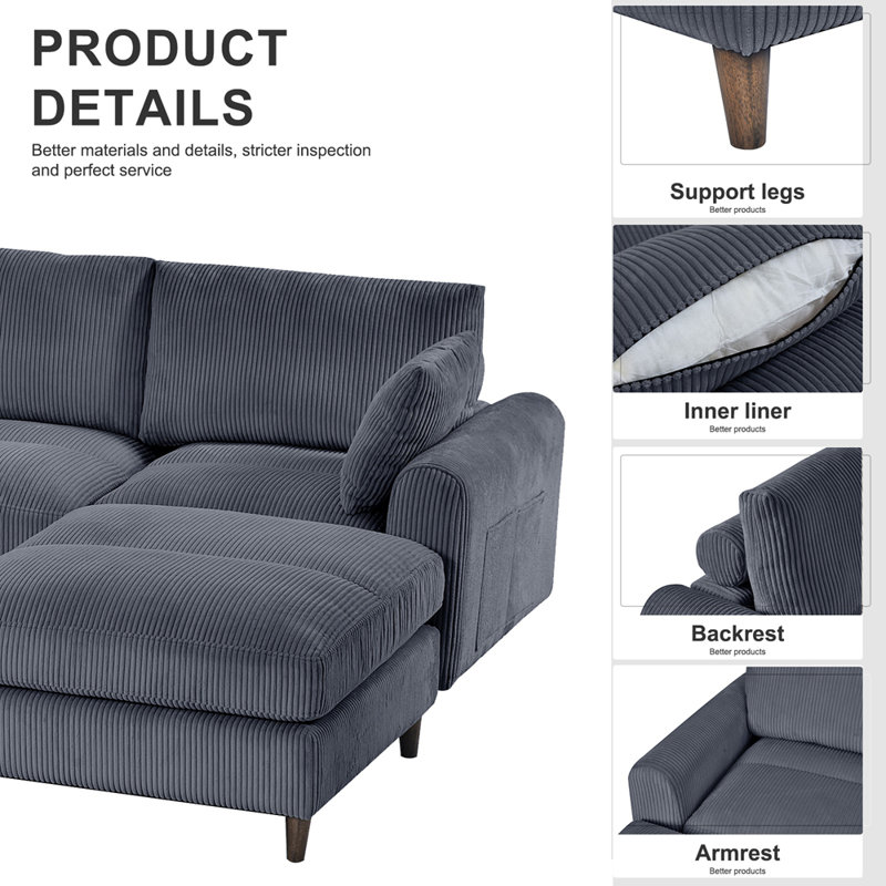 U-shaped convertible sectional sofa with pillows, Gray