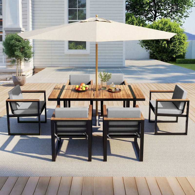 7 Pieces Outdoor Dining Set, 6-Person Outdoor Conversation Set with Removable Cushions – Patio Table & Chairs for Backyard, Garden, Poolside