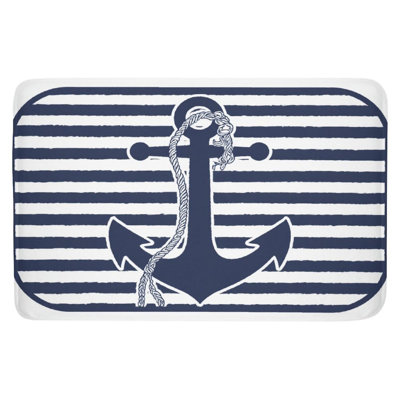 Tapis de bain bleu marine à rayures et ancre - 16 x 24