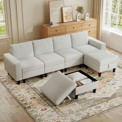 110" Modular Sectional Couches With Adjustable Backrest For Living Room, U Shaped Sectional Sofa With Storage Ottoman (White)