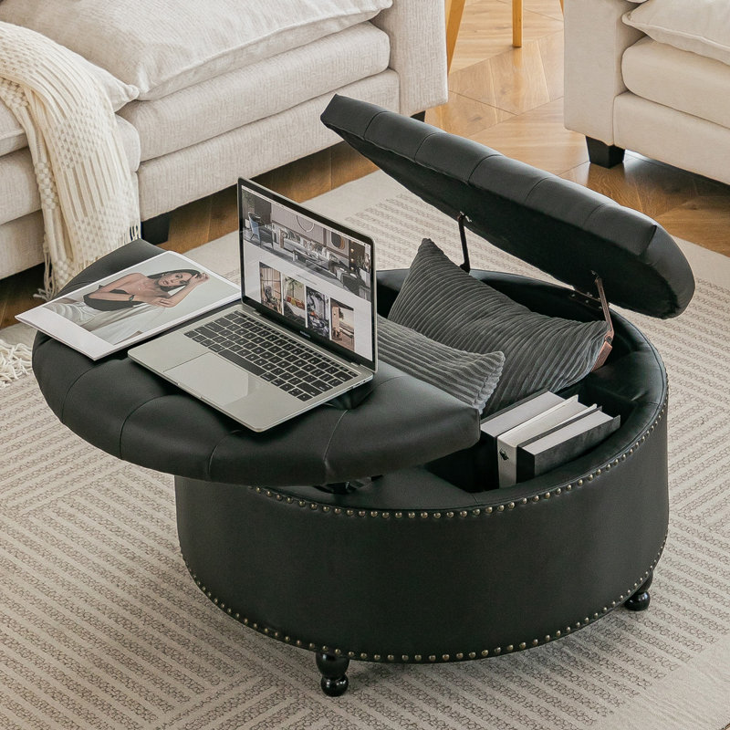 80cm Wide Tufted Round Standard Ottoman with Storage, Black