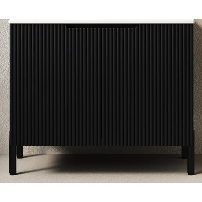 Meuble-lavabo autoportant de 30 po sans lavabo, noir, avec comptoir en pierre frittée blanche, 2 portes, panneau de particules en bois massif de haute qualité, amortisseur à fermeture douce, style romantique français,