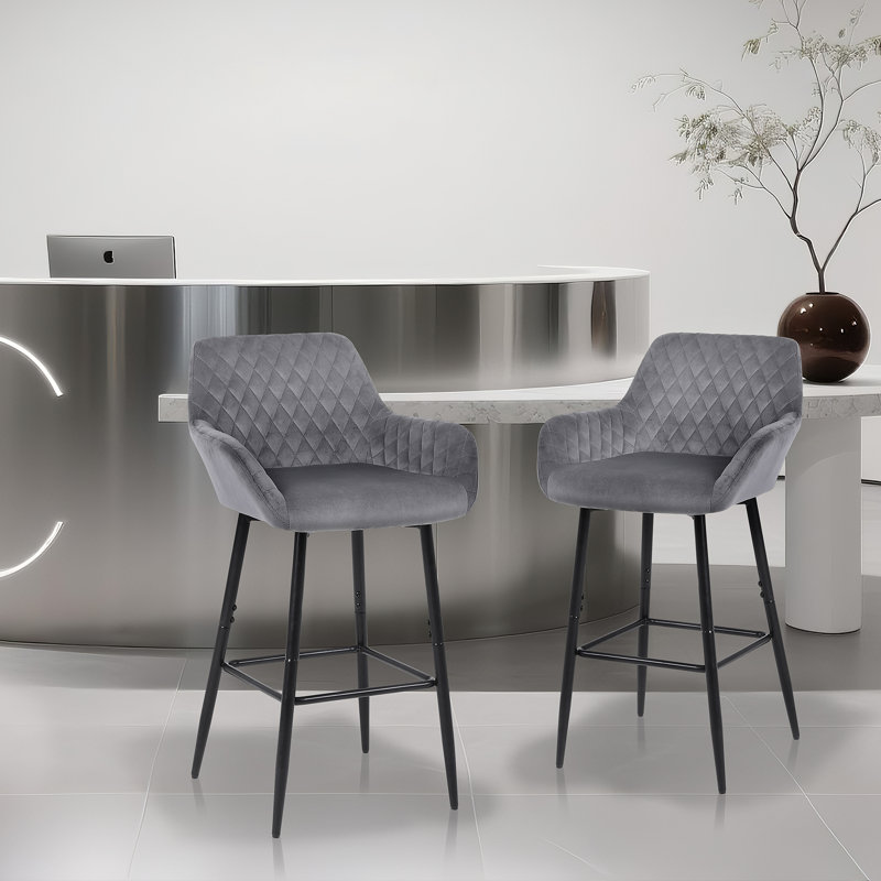 Bar Stools Velvet Fabric With Backrest And Armrests, Auitable For Kitchen, Home, Bar, Counter, Grey, 2