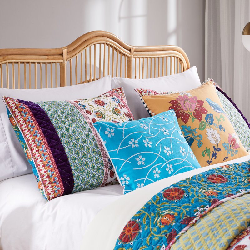 Thalia Full Blue Cotton Reversible Quilt Set with Embroidery